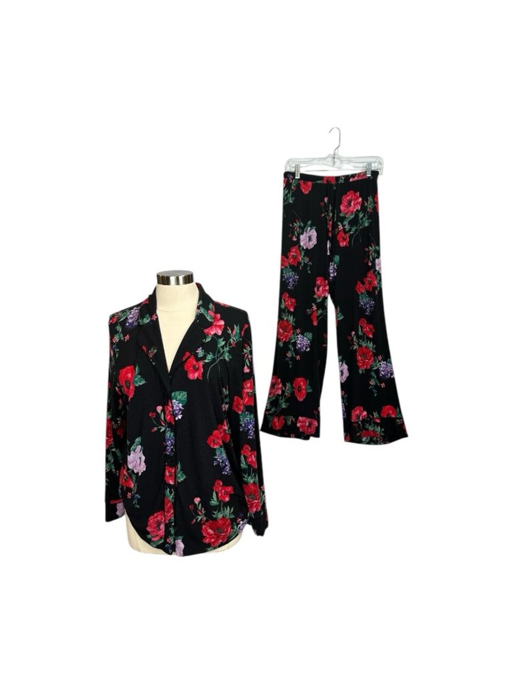 Soma  Cool Nights Pajama Set (top + pant) Womens  XL Black floral Lightweight